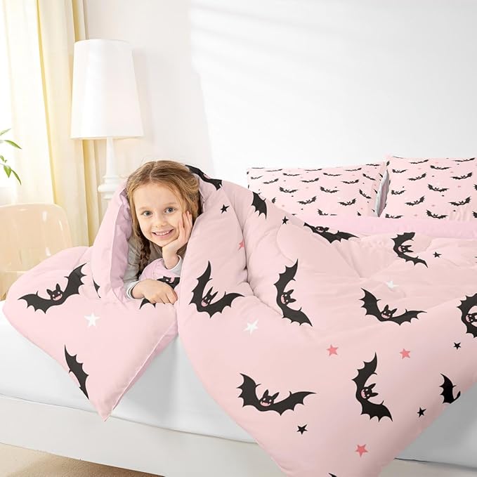 Castle Fairy Colorful Star Pink Bedding Set for Boys Girls,Cut Black Bat All Season Cozy Comforter Set Full Size,Happy Halloween Theme Duvet Set Bedroom Decor,Personalized Birthday Gifts