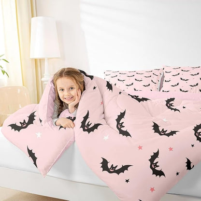 Castle Fairy Colorful Star Pink Bedding Set for Boys Girls,Cut Black Bat All Season Cozy Comforter Set Full Size,Happy Halloween Theme Duvet Set Bedroom Decor,Personalized Birthday Gifts
