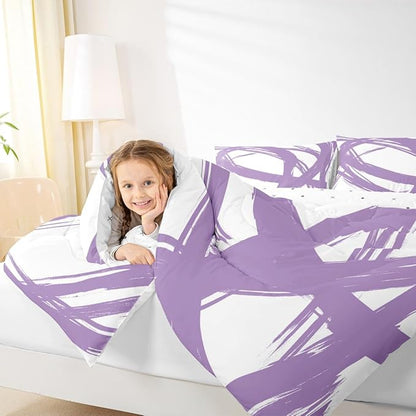 Erosebridal Purple and White Abstarct Toddler Bedding Set,Aesthetic Geometric Comforter Set for Minimalists,Graffiti Stripes Lines Quilt,Contemporary Boho Modern Art Duvet Insert for Minimalism