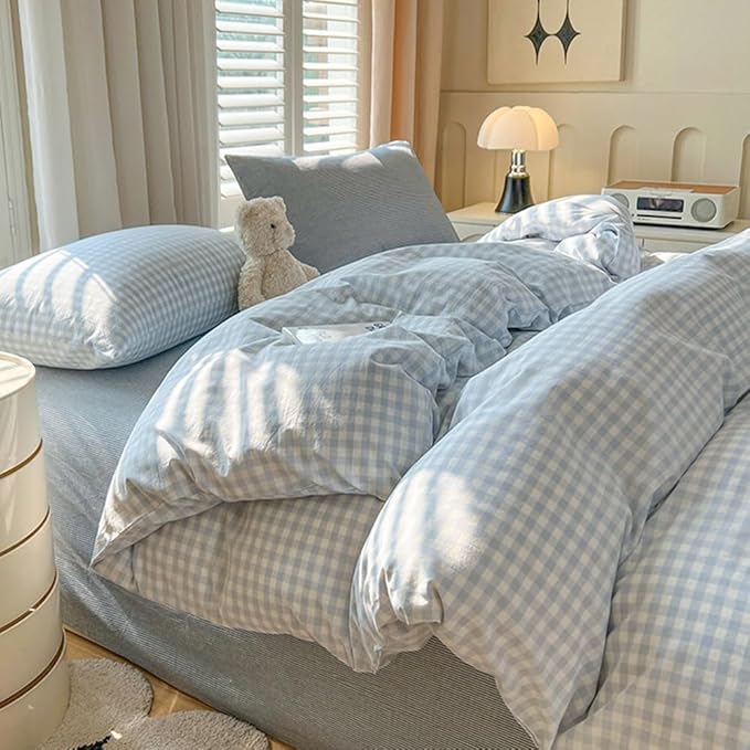 Nayoroom Blue Gingham Comforter Set Queen Size Plaid Checkered Comforter 3 Pcs Soft Lightweight Grid Farmhouse Dorm Bedding Set for All Seasons (1 Comforter, 2 Pillowcases)