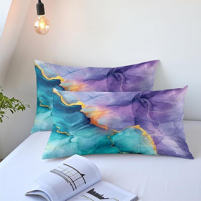 Blue Purple Marble Comforter Set Queen Size Teal Ombre Abstract Bedding Set Women Men Modern Aesthetic Comforters 3 Pieces Gold Marbling Art Bed Sets Soft Lightweight 90x90 Comforter Sets