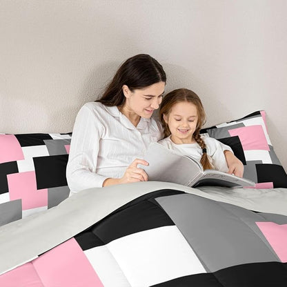 Castle Fairy Modern Abstract Art Comforter Set Toddler Size,Pink Grey Black Bedding Set for Kids Teens Bedroom,Geometric Grid Square Splicing Down Comforter,2 Pcs 1 Pillowcase