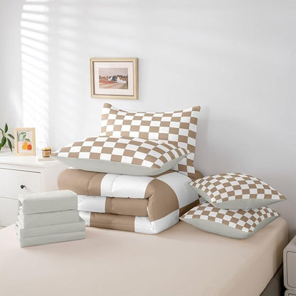 Feelyou Checkered Queen Comforter Set with Sheets for Kids Boys Girls Brown Plaid 7 Pieces Bedding Set Vintage Checkerboard Geometric Bed in a Bag Reversible Grey Room Decor Soft