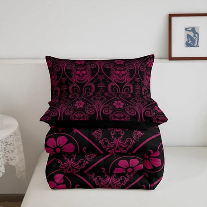 Feelyou Adults Pink Vintage Damask Floral Comforter Set Oriental Antique Comforter Full Size Exotic Sugar Skull Rose Bedding Set Gothic Bohemia Boho Duvet Set Quilt Set 3Pcs