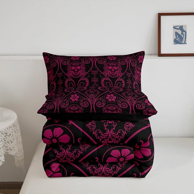 Feelyou Adults Pink Vintage Damask Floral Comforter Set Oriental Antique Comforter Twin Size Exotic Sugar Skull Rose Bedding Set Gothic Bohemia Boho Duvet Set Quilt Set 2Pcs