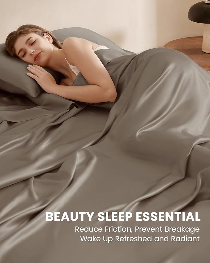 THXSILK Silk Sheet Set 4 Pcs, King Size Sheet Set, Soft Breathable Cooling Bed Sheets with 1 Flat Sheet, 1 Fitted Sheet, 2 Pillowcases with Zipper Closure, Charcoal