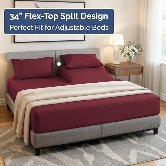 Split Head King Sheet Set – 4 Piece Flex Split Top King Sheets for Adjustable Beds - Fits 14” to 16" Mattress w/ Deep Pockets - Soft, Breathable & Cooling - Luxury Bedding and Wrinkle Free - Burgundy
