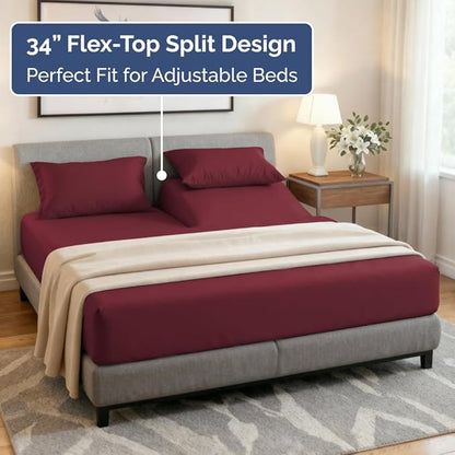 Split Head King Sheet Set – 4 Piece Flex Split Top King Sheets for Adjustable Beds - Fits 14” to 16" Mattress w/ Deep Pockets - Soft, Breathable & Cooling - Luxury Bedding and Wrinkle Free - Burgundy