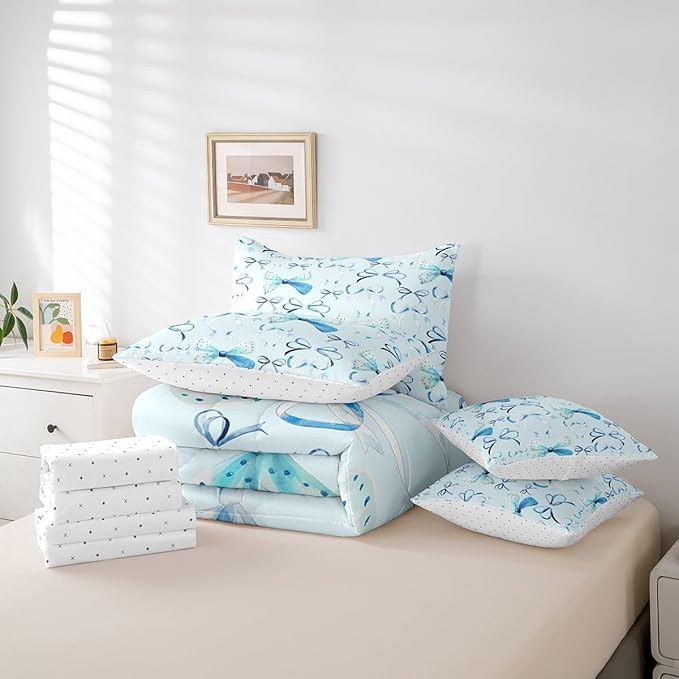 Feelyou Bow Bedding Set for All Season Boys Girls Full Size Cute Bowknot 7 Pieces Comforter Sets for Kids Women Men Blue Girls Bow Bed in a Bag with Comforter, Sheets, Pillowcases & Cushion Cover