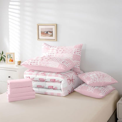Feelyou Pink Bow Comforter Set with Sheets 7 Piece Queen Size Princess Bow Bed in a Bag Kids Boys Girls Cute Bowknot Bedding Set Kawaii Bedroom Decor Breathable Soft Lightweight Microfiber