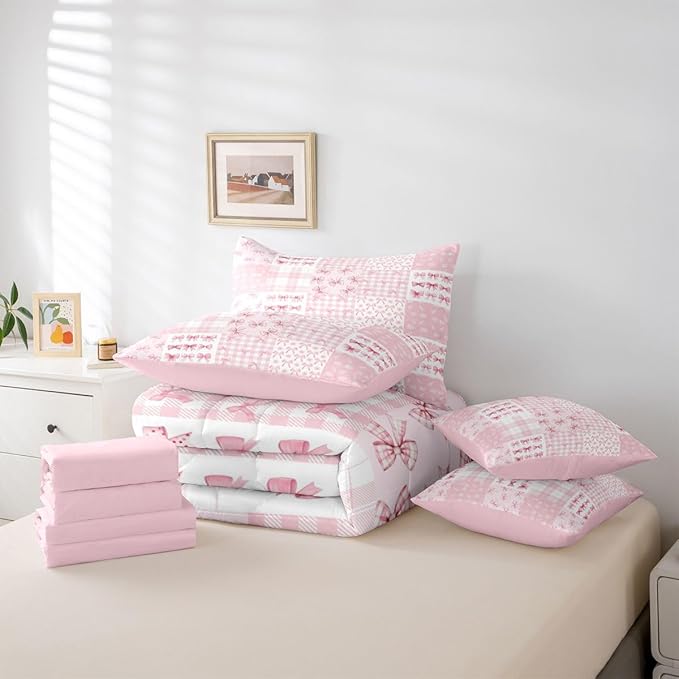 Feelyou Pink Bow Comforter Set with Sheets 7 Piece Twin Size Princess Bow Bed in a Bag Kids Boys Girls Cute Bowknot Bedding Set Kawaii Bedroom Decor Breathable Soft Lightweight Microfiber