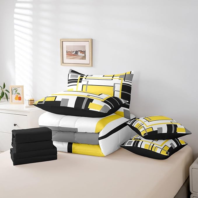 Erosebridal 7Pcs Yellow Black Modern Square Abstract Comforter Set Queen,Geometric Bed in A Bag for Women Men Adults,Boho Graffiti Stripes Striped Bedding with Bed Sheets,Mid Century Minimalist Quilt