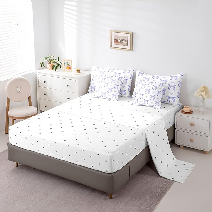 jejeloiu Cute Purple Bow 7 Piece Bedding Set Twin Size Ribbon Bow Comforter Set with Sheets for Kids Women Cartoon Love Heart Bed in a Bag Purple White Bed Set