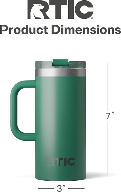 RTIC 16oz Road Trip Travel Mug with Lid and Handle, Ceramic Lined, Insulated, Stainless Steel, Metal, Double Wall Vacuum-Insulation, Portable Coffee, Tea Cup for Hot and Cold Drink, Pine Tree