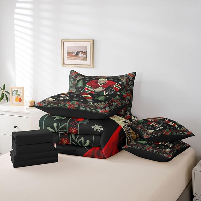 Erosebridal Ice Hockey 7 Piece Comforter Set Queen | Christmas Theme Puck Player Bed in A Bag Athletic Competitive Games Sheet Set Reversible Winter Sports Fitted Sheet Breathable Lightweight