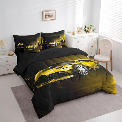 Feelyou Sports Car 7 Piece Bedding Set Yellow Race Car Comforter Set with Sheets for Kids Boys Girls Extreme Sports Bed in a Bag Cool Speed Luxury Car Decor Quilt with 2 Pillowcases Full