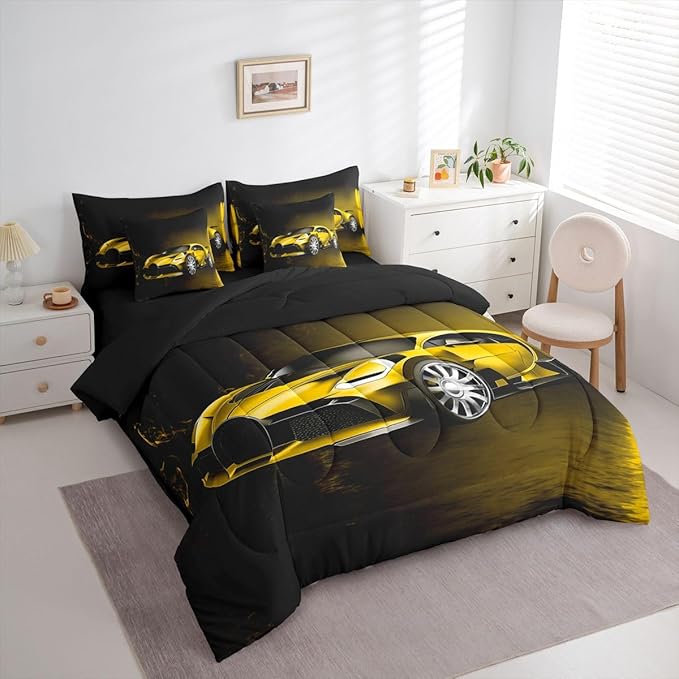 Feelyou Sports Car 7 Piece Bedding Set Yellow Race Car Comforter Set with Sheets for Kids Boys Girls Extreme Sports Bed in a Bag Cool Speed Luxury Car Decor Quilt with 2 Pillowcases King