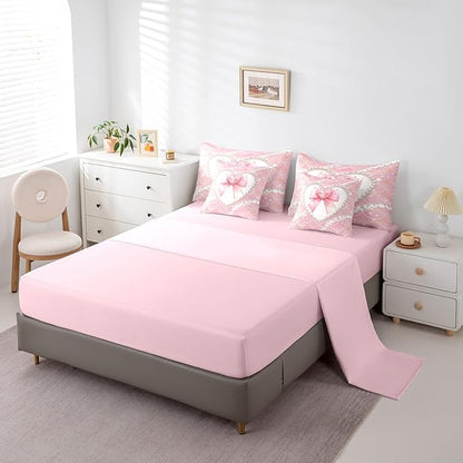jejeloiu Girls Pink Bowknot 7 Piece Bedding Set King Size White Pearl Comforter Set with Sheets for Kids Women Glitter Mermaid Bed in a Bag Princess Style Bed Set