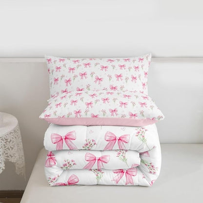 Feelyou Pink Bow Kids Comforter Set Queen Size Pink Floral Bedding Set Princess Decor Bowknot Duvet Quilt for Kids Boys Girls Bedroom Garden Flower Decor Microfiber Ultra Soft Breathable