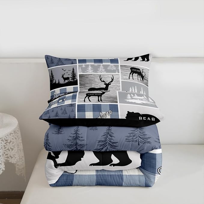 Erosebridal Kids Deer Bear Comforter Set, Rustic Farmhouse Quilt Vintage Adventure Camping Bedding King Size for Boys Teens Adult,Retro Cabin Lodge Plaid Duvet Insert Deer Gifts for Girls,Blue Grey