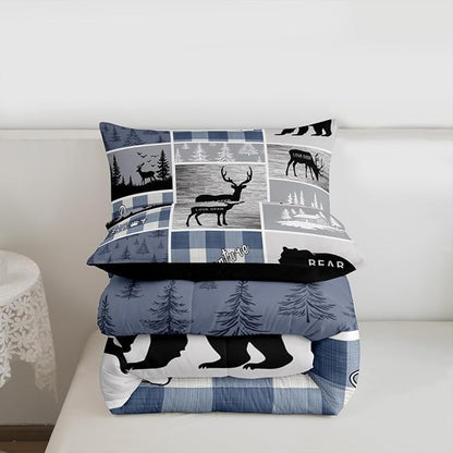 Erosebridal Kids Deer Bear Comforter Set, Rustic Farmhouse Quilt Vintage Adventure Camping Bedding King Size for Boys Teens Adult,Retro Cabin Lodge Plaid Duvet Insert Deer Gifts for Girls,Blue Grey