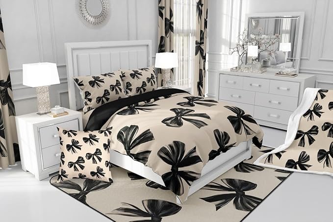 Erosebridal Bow Bedding Set Queen Black Bow Tie Bedding Comforter Sets for Kids Teen Adults Room Decor,Watercolor Bowknot Comforter Set Black White Simple Decor Bed Duvet Set