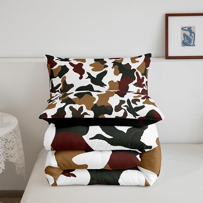 Erosebridal Hunter Comforter Set King Size Camo Duck Bedding for Kids Camouflage Farmhouse Camping Comforter Vintage Army Green Yellow Room Decor Wild Animal Rustic Duvet Set
