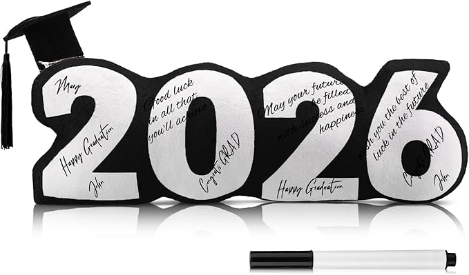 Class of 2026 Autograph Stuffed Pillow 15.7" Graduation Autograph Stuffed Pillow Graduation Guest Signature Gifts Grad Party Sign in Decor for High School College(Black,Classic)