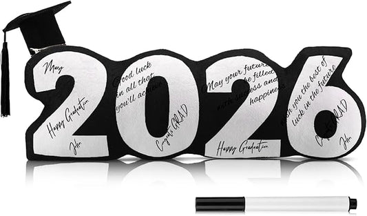 Class of 2026 Autograph Stuffed Pillow 15.7" Graduation Autograph Stuffed Pillow Graduation Guest Signature Gifts Grad Party Sign in Decor for High School College(Black,Classic)
