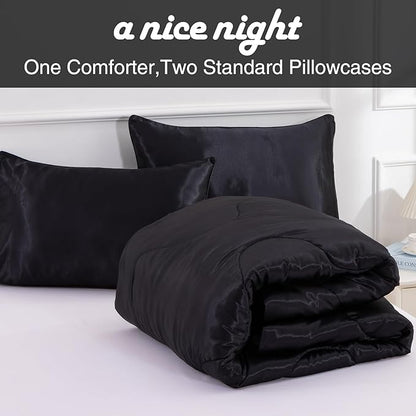 A Nice Night Satin Silky Soft Quilt Luxury Super Soft Microfiber Bedding Comforter Set, Light Weighted (Black, Twin)