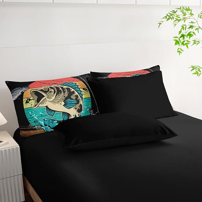 Big Pike Fish Comforter Set Twin Size 7 PCS,Bass Fishing Comforter Set for Boys Girls Children Fishing and Hunting Room Decor,Microfiber Lightweight All Season