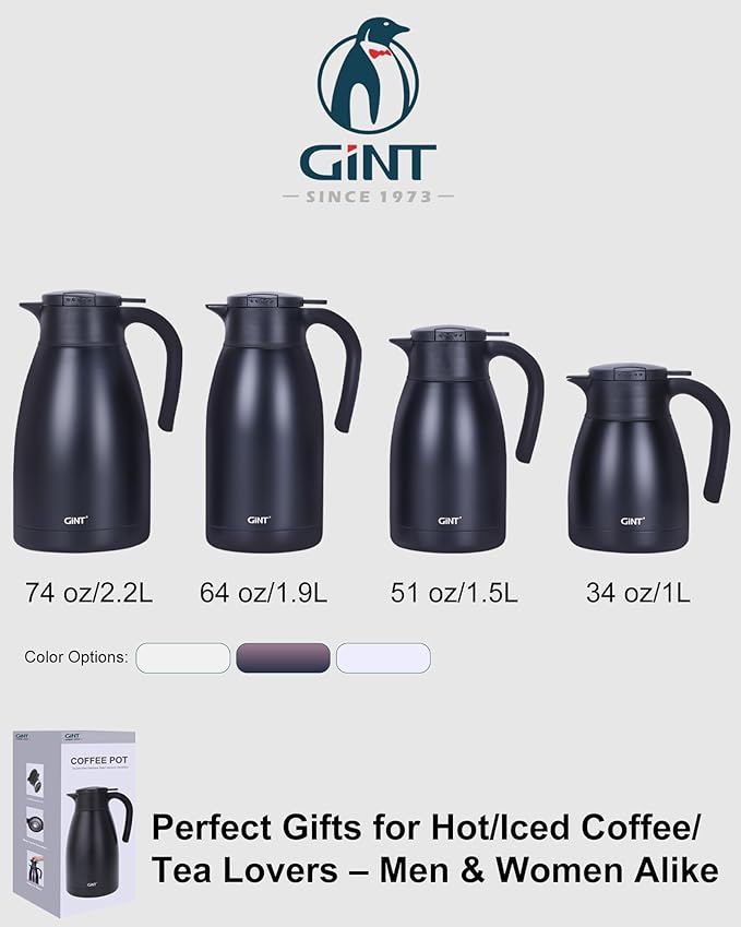 GiNT 51Oz Stainless Steel Thermal Coffee Carafe with Lid/Double Walled Vacuum Thermal Carafe / 12 Hour Heat Retention (Black, 1.5L)