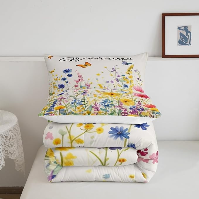 Erosebridal Wildflower Bedding Set King Watercolor Boho Floral Comforter Set Cute Botanical Plant Bedding Comforter Sets for Kids Adults Nature Flowers Butterfly Bed Set Aesthetics Home Decor