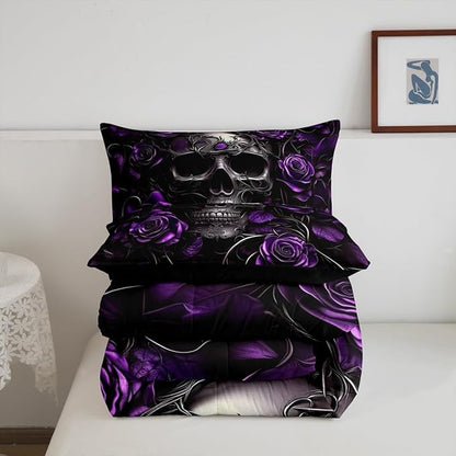 Erosebridal Gothic Skull Bedding for Adluts Kids Teens Halloween Goth Comforter Full Size Vintage Victorian Romantic Purple Rose Floral Quilt Spooky Grunge Skeleton Boho Horror Bedding,Gothic Decor