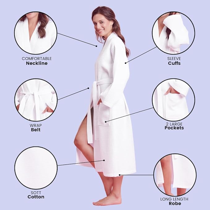 Luxurious Bathrobe for Women - Soft & Absorbent - Lightweigh & Comfort - Long & Kimono - Waffle & Cotton - Hotel/Spa Robe