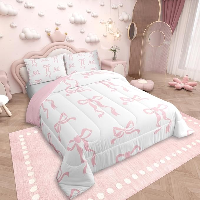 Erosebridal Bow Comforter Set Twin Size, Girls Pink Bow Bedding for Kids Women Bedroom Decor Cute Bowknot Comforter Kawaii Room Decor Duvet Set Dreamy Princess Bowtie Quilt