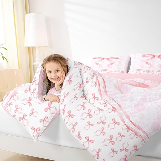 Feelyou Pink Bow Comforter Set All Season Floral Flower Bedding Set with 1 Pillow Cases Cute Bowknot Microfiber Kids Toddler Bedclothes Romantic Bedroom Decor Duvet Quilt Breathable Soft Lightweight