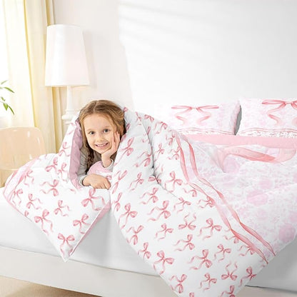 Feelyou Pink Bow Comforter Set All Season Floral Flower Bedding Set with 1 Pillow Cases Cute Bowknot Microfiber Kids Toddler Bedclothes Romantic Bedroom Decor Duvet Quilt Breathable Soft Lightweight
