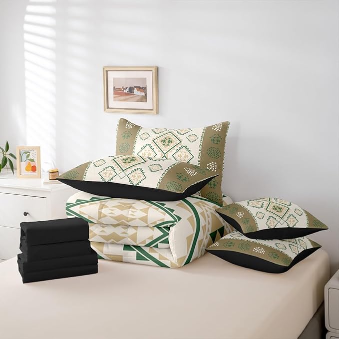 Erosebridal 7 Piece Western Tribal Full Comforter Set with Sheets Exotic Aztec Bed in A Bag Southwestern Native American Bedding Sets for Women Adults Boho Geometric Diamond Art Bed Set