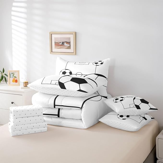 Erosebridal Sports Theme 7 Piece Bedding Set Full Soccer Ball Comforter Set with Sheets Football Boys Games Soccer Ball Bed in a Bag Playground Pattern White for Kids Boys Girls