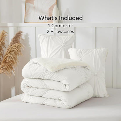 BEDELITE Pintuck Fluffy Twin Comforter Set - Super Soft Sherpa White Comforter for Twin Size Bed, Luxury Warm Bedding Set for Winter, Fuzzy Bed Set 2 Piece (1 Comforter, 1 Pillowcase)