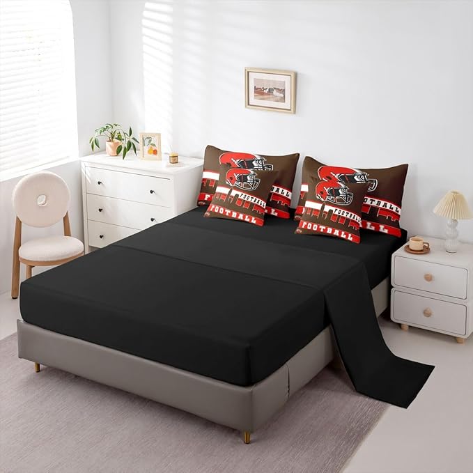 Erosebridal Football City 7 Pcs Comforter Set King Football Bedding for Boys Girls Brown Red Rugby Game Sheet Set Bed in A Bag Football Fans Bedroom Decor Sports Ball Team Quilt