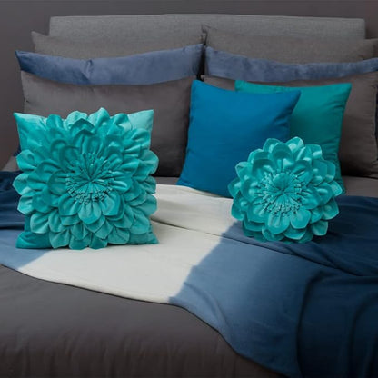 Decorative Throw Pillow 3D Flower Round Pillow Accent Handmade Cushion with Insert for Couch Bed Home Decor 12 Inch Teal