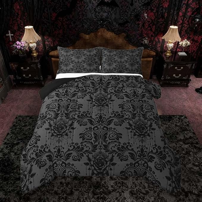 Feelyou Adults Gothic Comforter Set All Season Dark Olive Green Damask Bedding Set with 1 Pillow Cases Vintage Rose Microfiber Kids Toddler Bedroom Decor Duvet Quilt Breathable Soft Lightweight