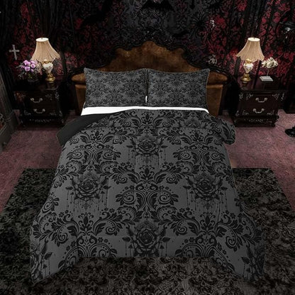 Feelyou Adults Gothic Comforter Set All Season Dark Olive Green Damask Bedding Set with 1 Pillow Cases Vintage Rose Microfiber Kids Toddler Bedroom Decor Duvet Quilt Breathable Soft Lightweight