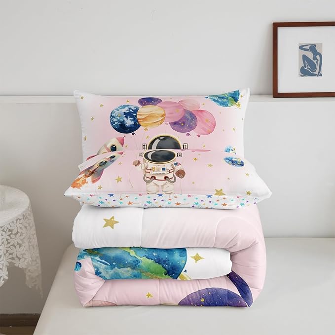 Cute Astronaut Kids Comforter Set Toddler Size,Colorful Cute Planet Balloon Rocket Reversible Quilt Set for Boys Girls Teens,Stars Cartoon Space Pink White Duvet Insert with 1 Pillowcase