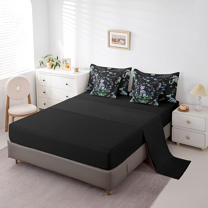 Castle Fairy Cute Cat Bedding Set 7 Pieces,Exotic Animals Skeleton Comforter Set with Sheets for Kids Teens Bedroom Decor,Butterfly Boho Flowers Leaves Bed Set in a Bag with Pillow Covers,Twin
