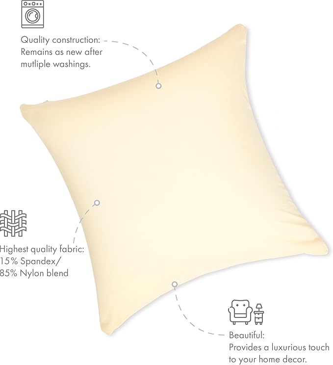 PILLOWY 26x26 Throw Pillowcase (Cover Only) -85/15 Nylon, Spandex -Luxurious, Silky, Stretchy & Soft - 1Pcs Solid Color -A Perfect Choice for Couch Chairs Sofa Bed Adult/Kids Bedroom, Off White-Creme
