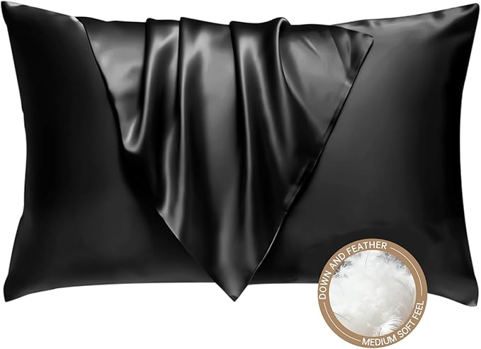 BHZ Black Satin Goose Down Feather Pillows Standard Size with Black Satin Pillowcase for Hair and Skin, Cooling Pillow Cases Similar to Silk Pillow Cases, Decorative for Women, Mom Men