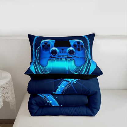 Gamer Comforter Set Full Size,Blue Headphones Musical Design Games Gamepad Bedding Set for Kids Boys Video Game Room Decor Retro Playing Gamer Down Comforter Gaming Controller Quilted Duvet Set